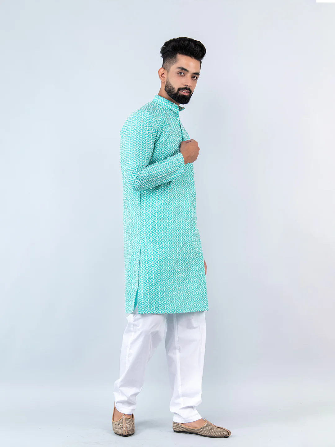 The Sky Blue Schiffli Embrodery Work Men's Kurta