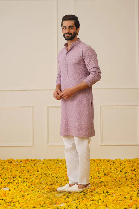 Men Purple Chikankari Embroidered and Sequence Kurta with Churidar