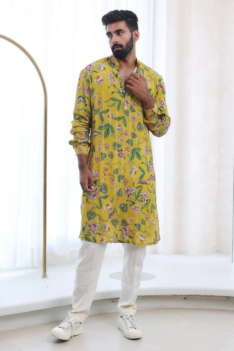 YELLOW SILK PRINTED KURTA PAJAMA SET