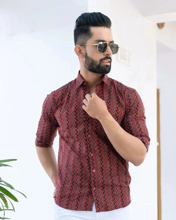 RED AND BLACK ZIG-ZEG PRINTED MEN'S SHIRT