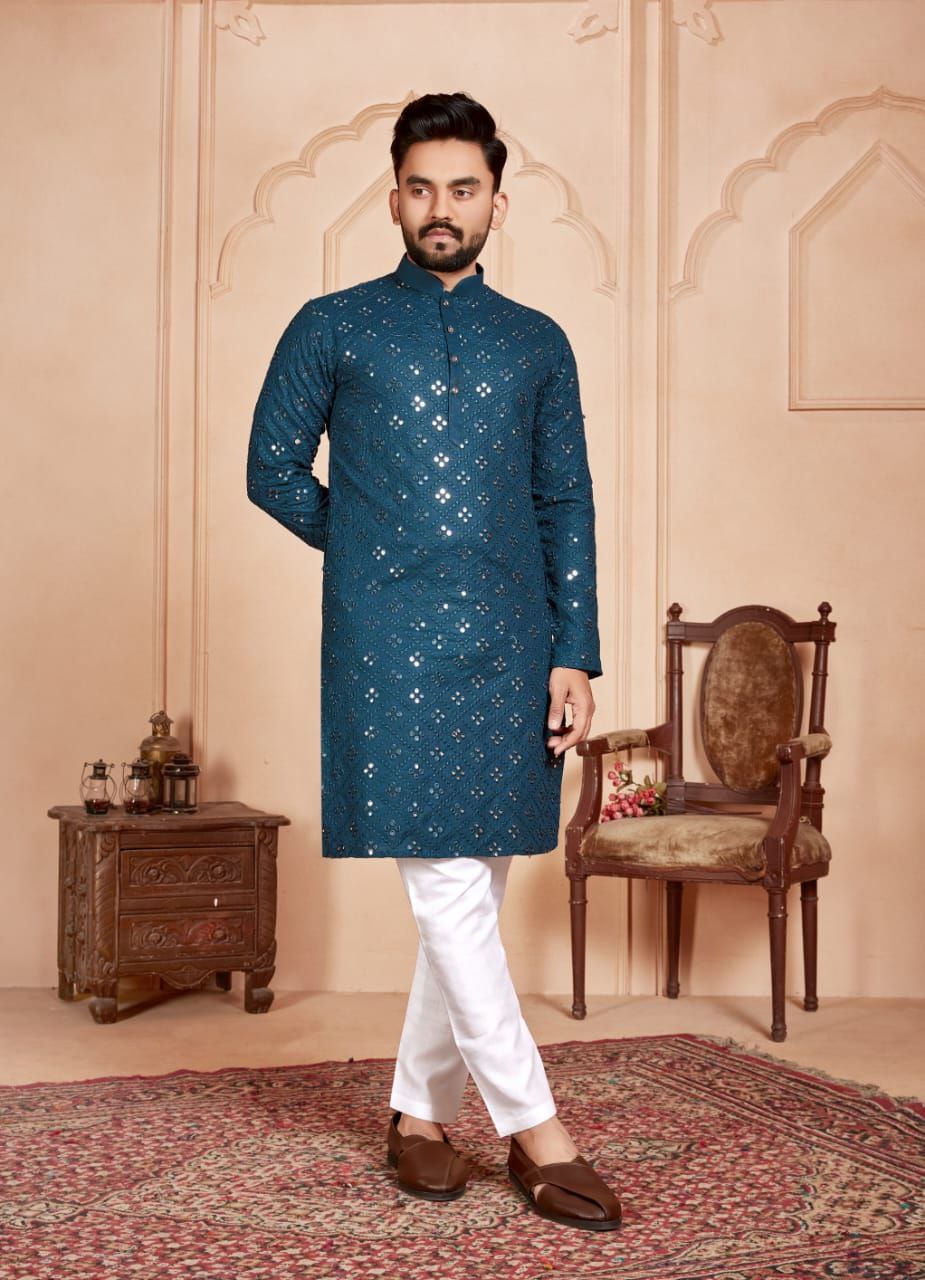 BLUE MIRROR EMBROIDERY KURTA ONLY