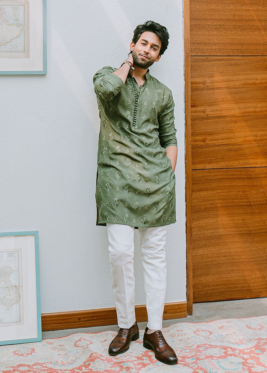 MINT GREEN CELEBRITY MEN'S EMBROIDERED COTTON KURTA ONLY