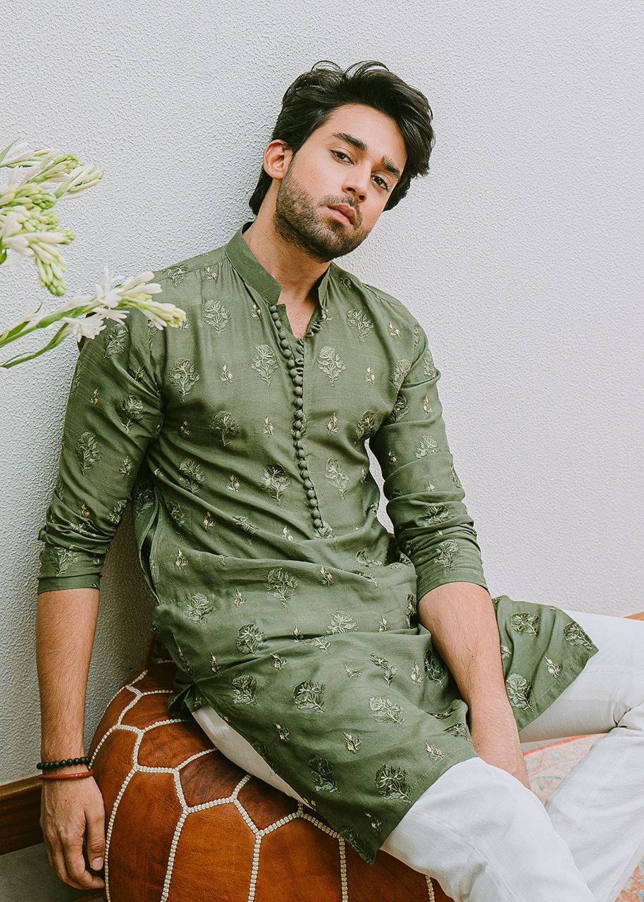 MINT GREEN CELEBRITY MEN'S EMBROIDERED COTTON KURTA ONLY