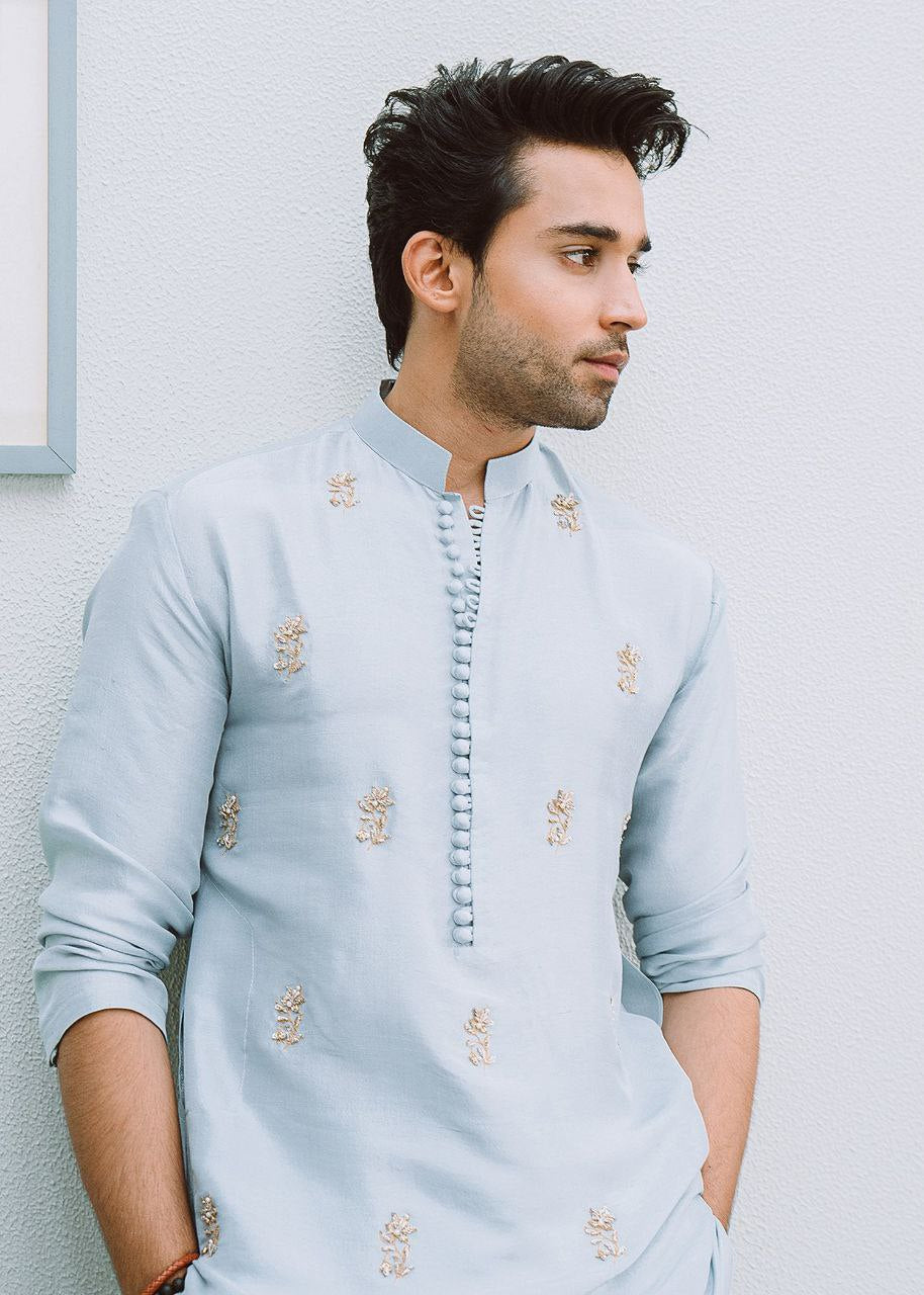 ICE BLUE BUTI MEN'S DESIGNER EMBRODRY KURTA ONLY