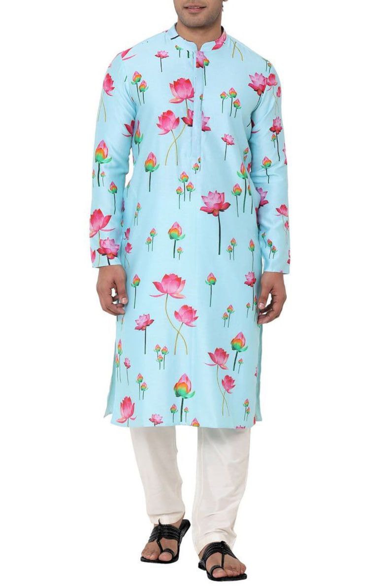 SKY BLUE FLORAL DIGITAL PRINTED MEN'S KURTA