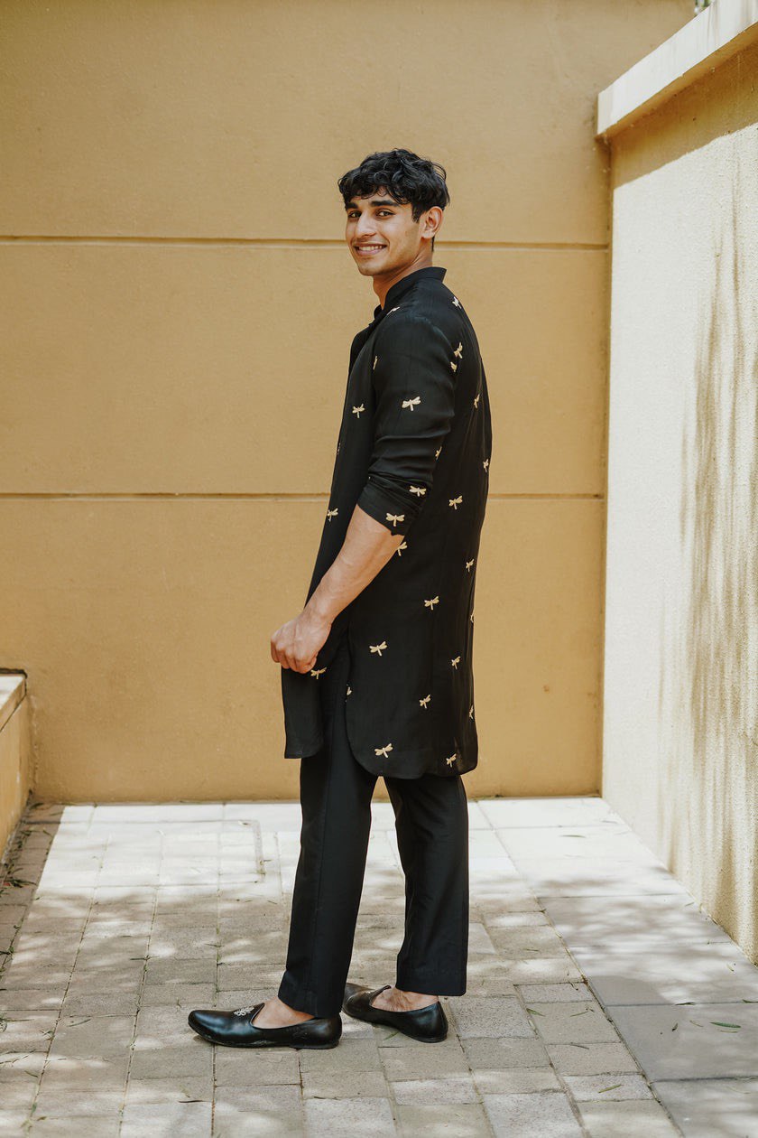 BLACK DRAGONFLY EMBROIDERY WORKED KURTA