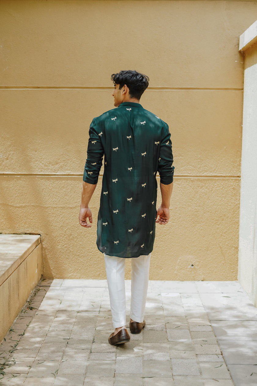 GREEN DRAGONFLY EMBROIDERY WORKED MENS KURTA