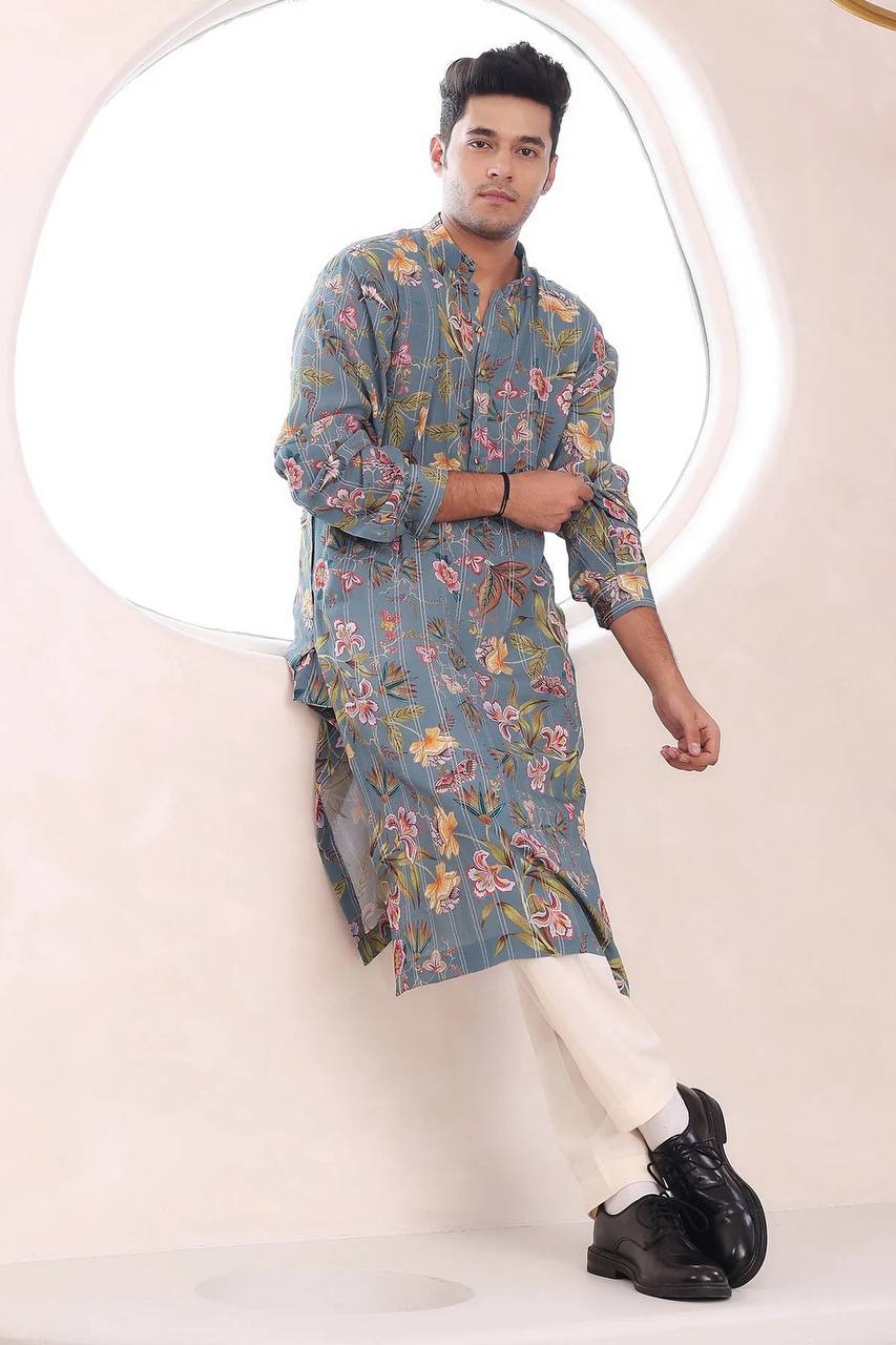  Gray festive style with men's printed kurta pajama set