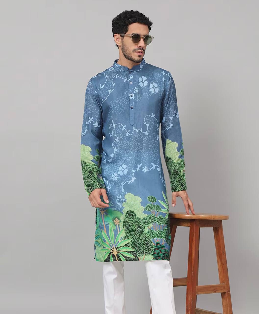 STYLISH BLUE SILK PRINTED  WORK DESIGNER KURTA WITH PAJAMA