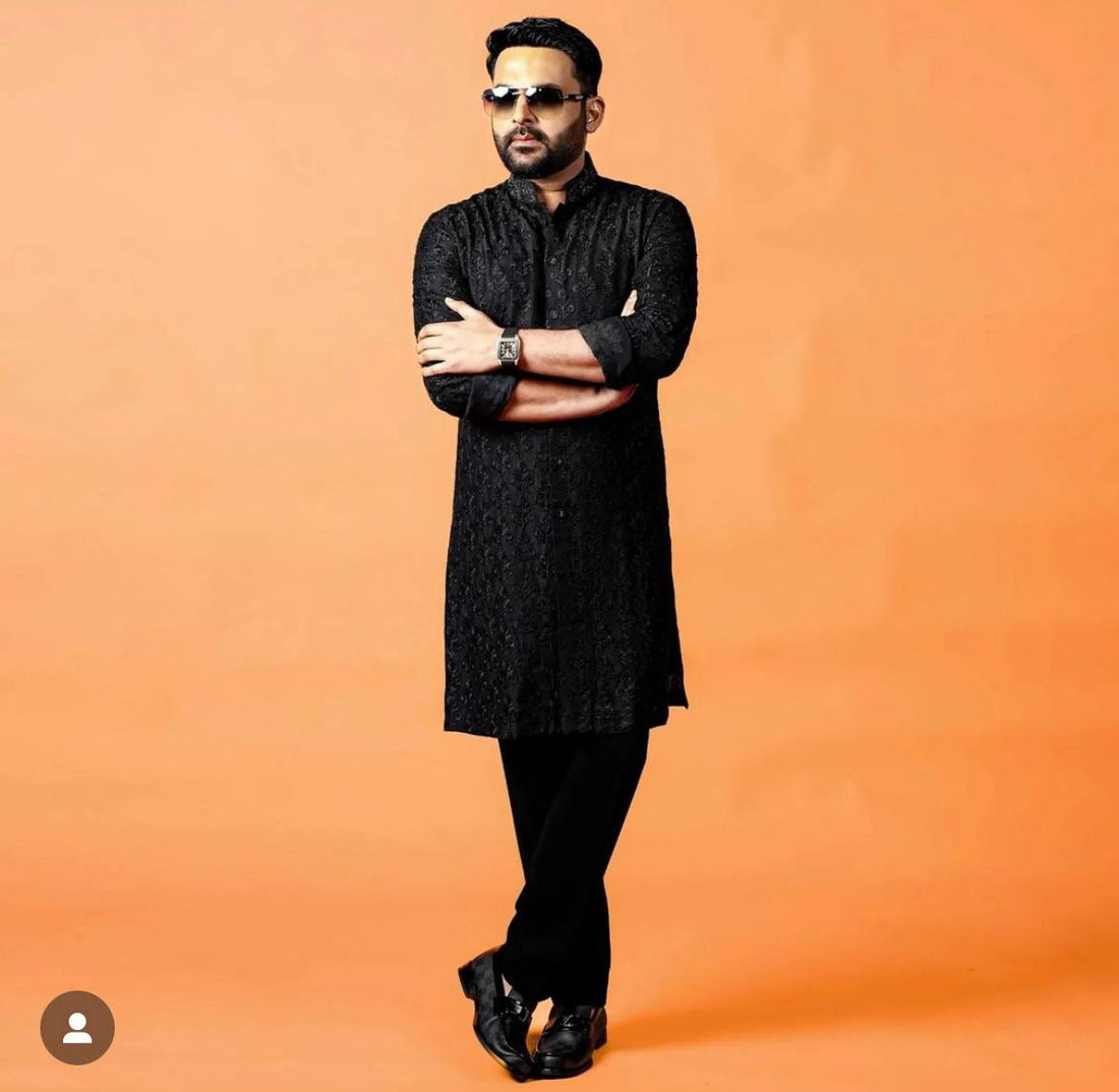 Kapil Sharma  Black Chikankari Embroidered And Sequence Kurta With Payjama full set