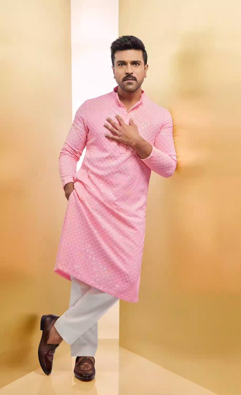 RAM CHARAN PINK CHIKANKARI EMBROIDERED KURTA PAYJAMA FULL SET