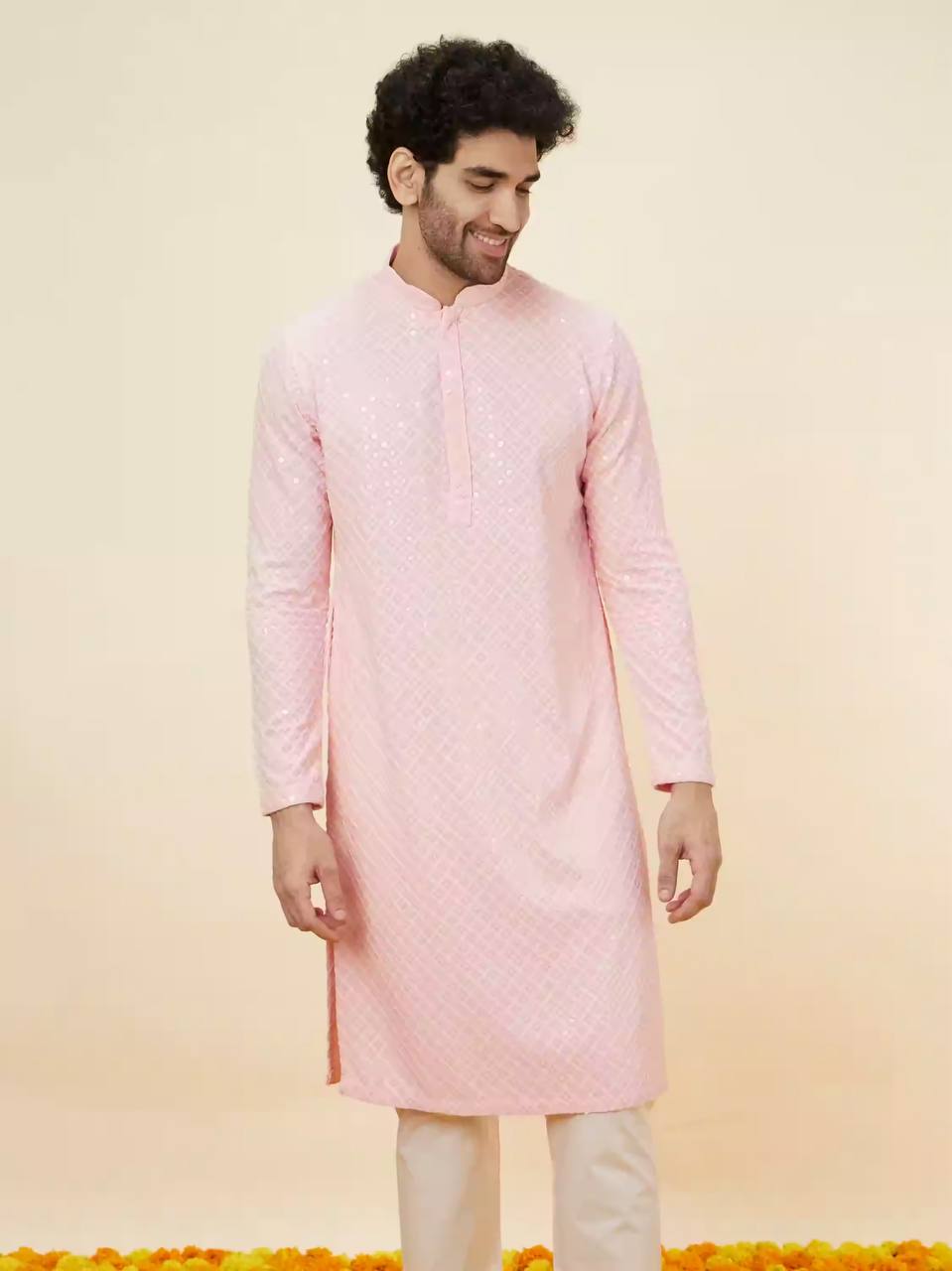 RAM CHARAN PINK CHIKANKARI EMBROIDERED KURTA PAYJAMA FULL SET