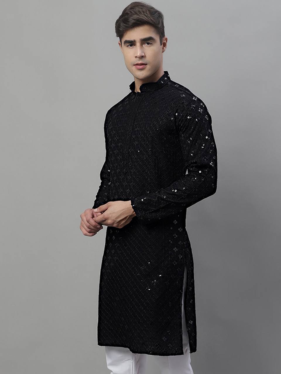 Men's Black Chikankari Embroidered And Sequence Kurta With Payjama.