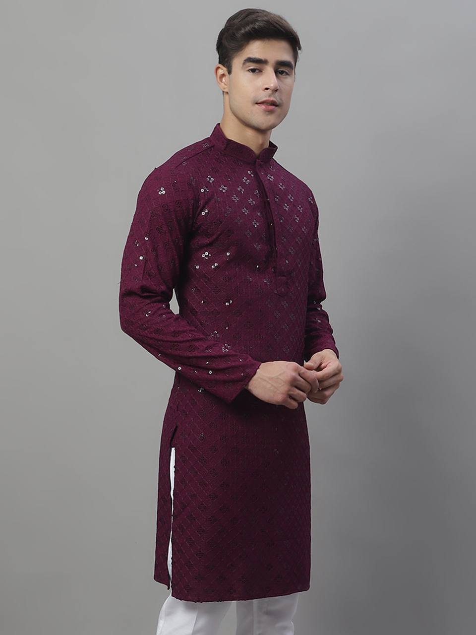 Men's Wine Chikankari Embroidered And Sequence Kurta With Payjama.