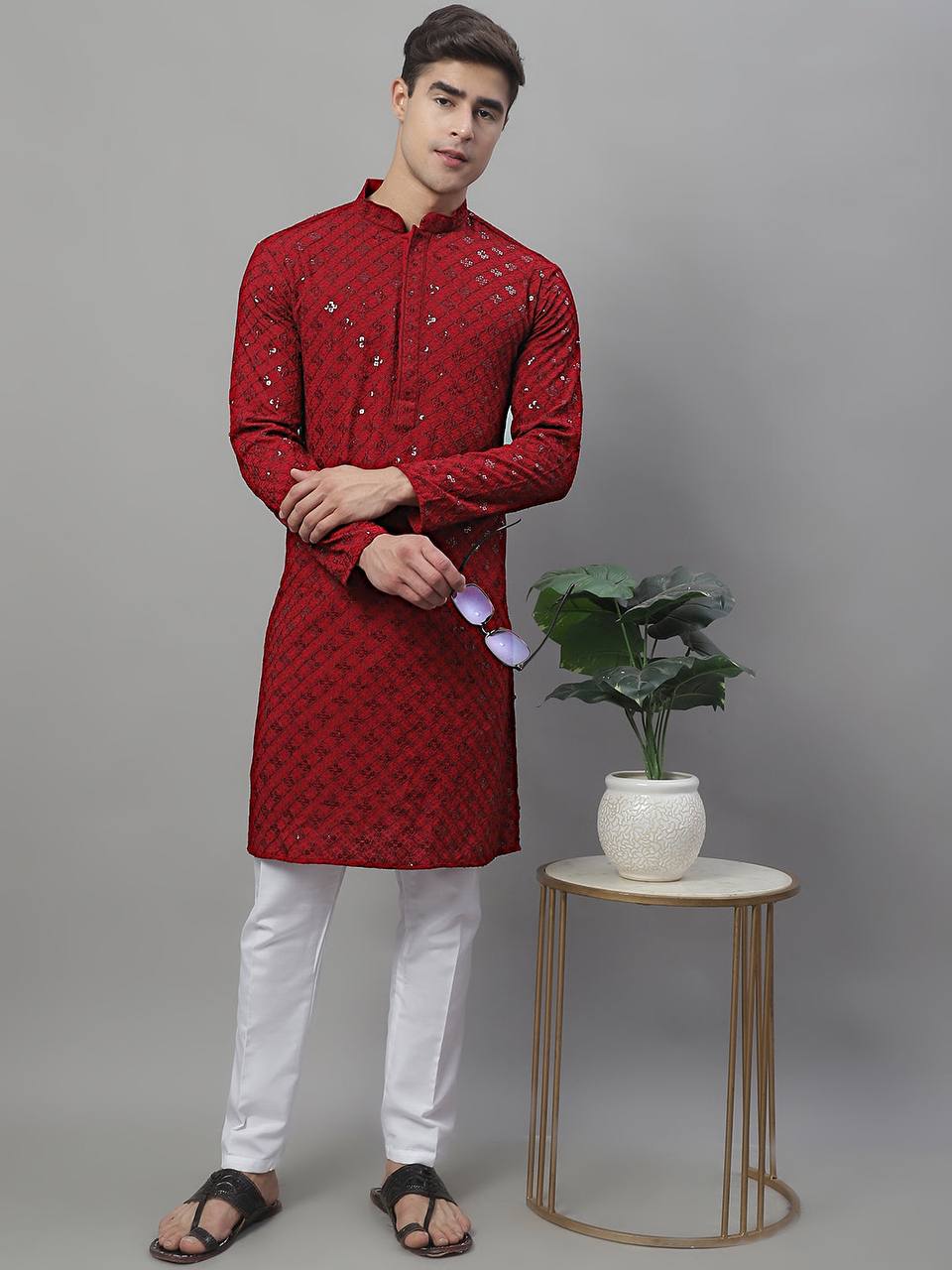 Men's Red Chikankari Embroidered And Sequence Kurta With Payjama.